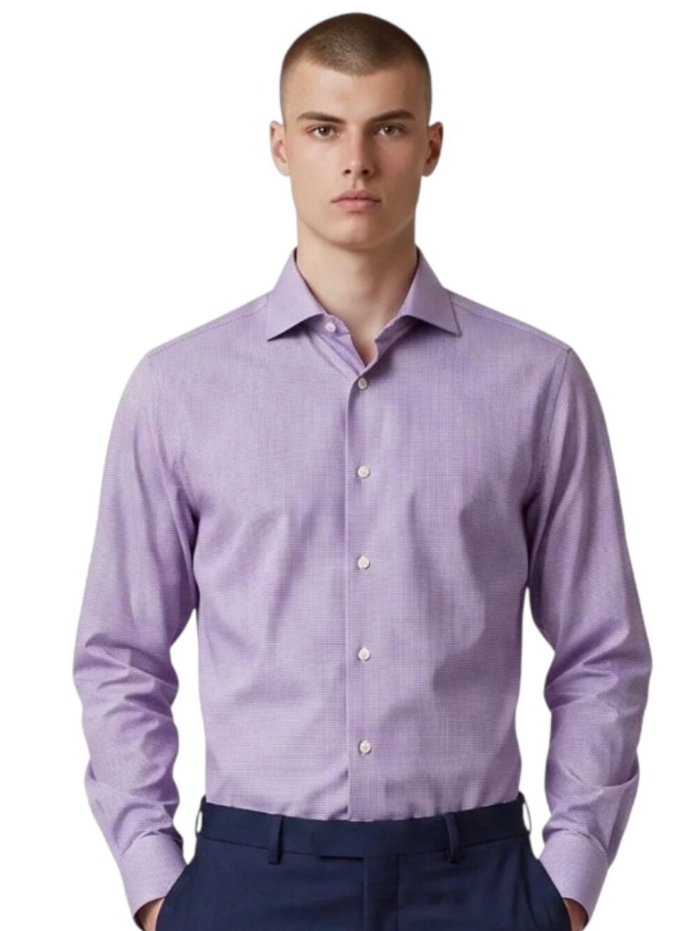 ETON Brighton Twill Button Down Shirt Mens 46 18 Purple White Cotton Long Sleeve
